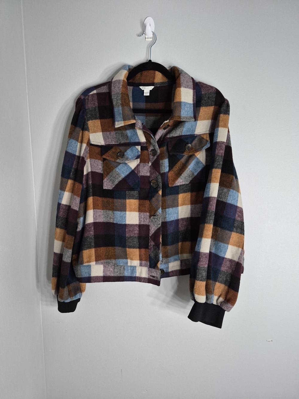 Cato Plaid Jean Shacket in Rust, Navy & Cream